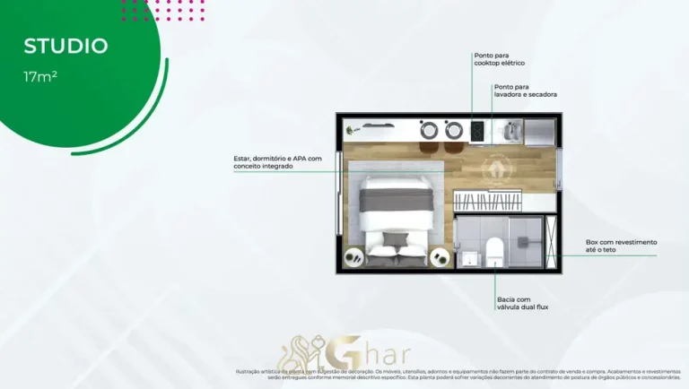 Planta do apartamento studio de 17 m² em condomínio residencial no bairro do Sacomã, na Zona Sul de São Paulo