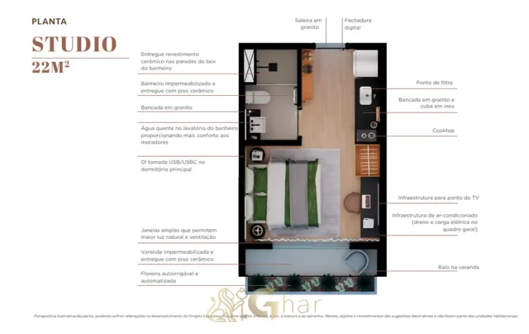 Planta do studio de 22 m² em condomínio residencial no bairro de Moema, na Zona Sul de São Paulo