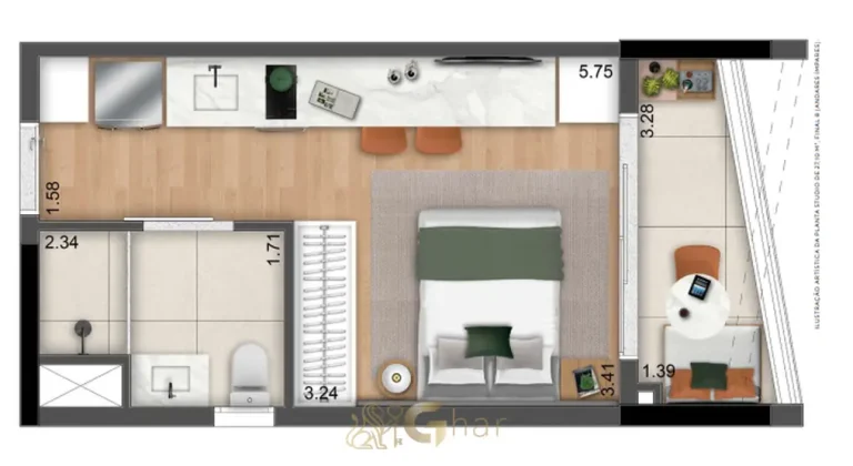 Planta do studio de 27,10 m² em apartamentos no bairro de Moema, São Paulo