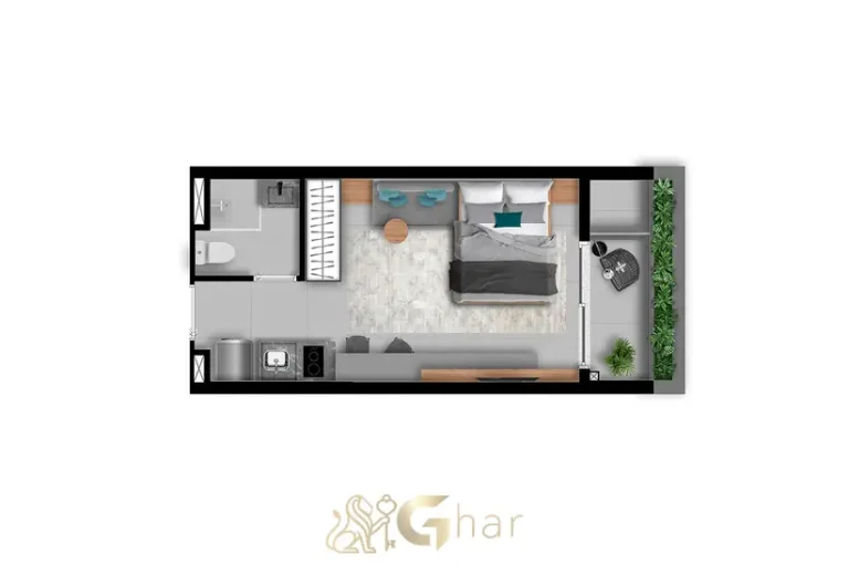Planta do studio de 28 m² em apartamentos no bairro de Moema, São Paulo