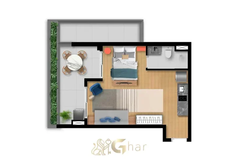 Planta do studio de 45 m² em condomínio residencial no bairro de Moema, na Zona Sul de São Paulo