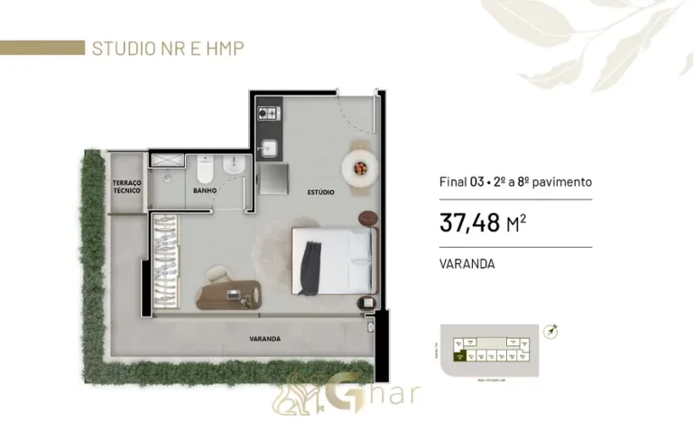 Planta do studio de 37 m² em apartamentos no bairro de Moema, São Paulo