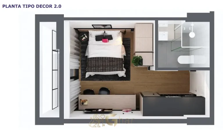 Planta do studio decorado em apartamentos no bairro de Moema, São Paulo