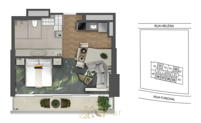 Planta detalhada do studio em apartamentos no bairro da Vila Olímpia, São Paulo