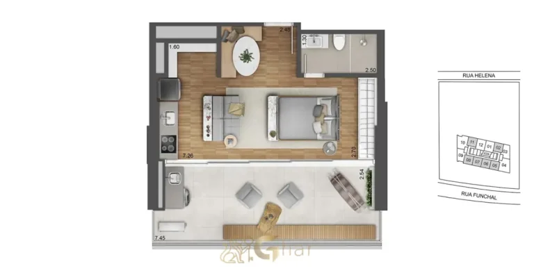 Planta do studio de 53 m² em apartamentos no bairro da Vila Olímpia, São Paulo