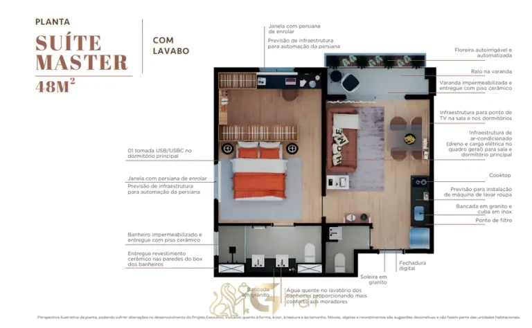 Planta da suíte master com lavabo de 48 m² em condomínio residencial no bairro de Moema, na Zona Sul de São Paulo
