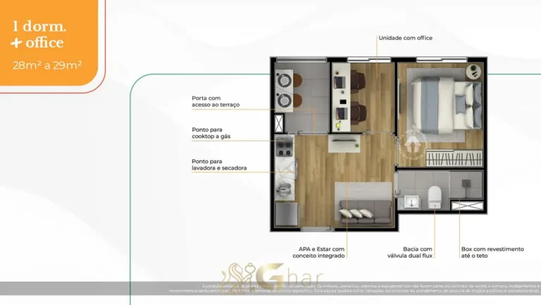 Planta do apartamento 1 dormitório + office de 29 m² em condomínio residencial no bairro da Freguesia do Ó, na Zona Norte de São Paulo