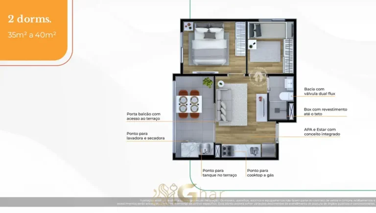 Planta do apartamento 2 dormitórios de 40 m² em condomínio residencial no bairro da Freguesia do Ó, na Zona Norte de São Paulo