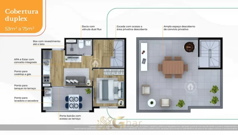 Planta da cobertura duplex de 75 m² em apartamentos no bairro da Freguesia do Ó, São Paulo