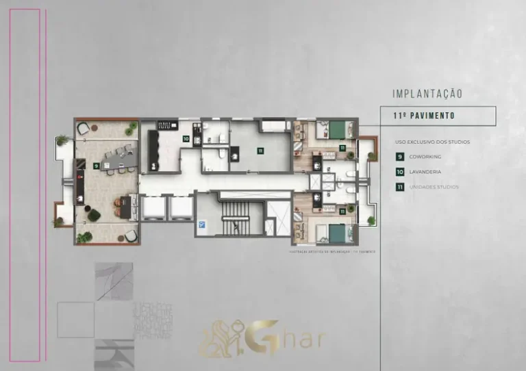 Planta de implantação do 11º pavimento do condomínio Autoral Moema Studios no bairro de Moema, São Paulo