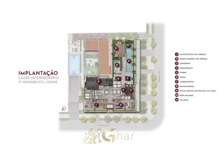 Planta de implantação do 11º pavimento de lazer em apartamentos no bairro de Moema, São Paulo