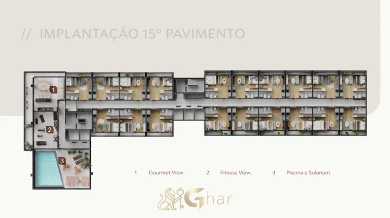 Planta de implantação do 15º pavimento em apartamentos no bairro da Vila Olímpia, São Paulo