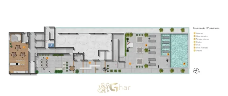 Planta de implantação do rooftop no 15º andar em condomínio residencial no bairro do Ibirapuera, na Zona Sul de São Paulo