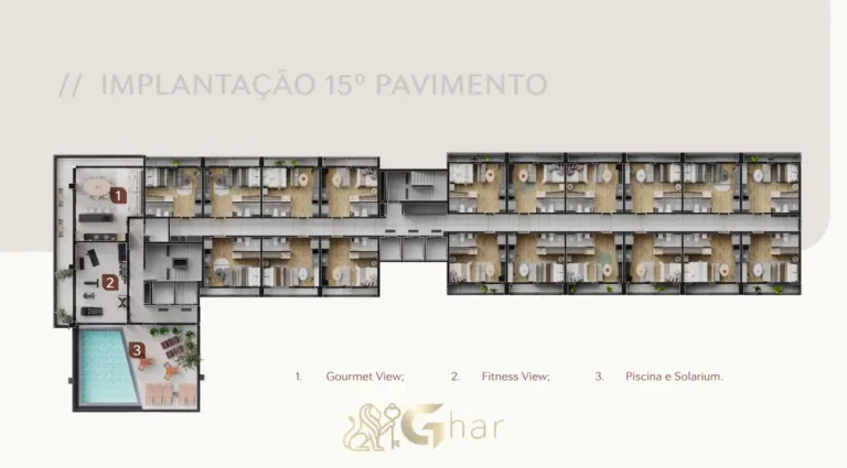 Planta de implantação do 15º pavimento em apartamentos no bairro da Vila Olímpia, São Paulo