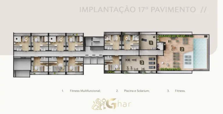 Planta de implantação do 17º pavimento em condomínio residencial no bairro da Vila Olímpia, na Zona Sul de São Paulo