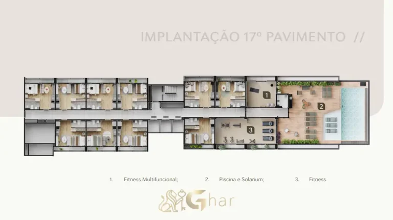Planta de implantação do 17º pavimento em condomínio residencial no bairro da Vila Olímpia, na Zona Sul de São Paulo
