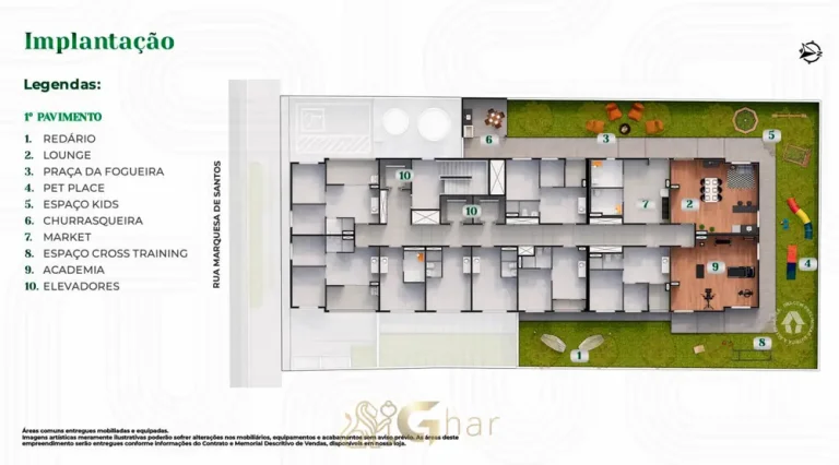 Planta de implantação do 1º pavimento de lazer em apartamentos no bairro do Alto do Ipiranga, São Paulo