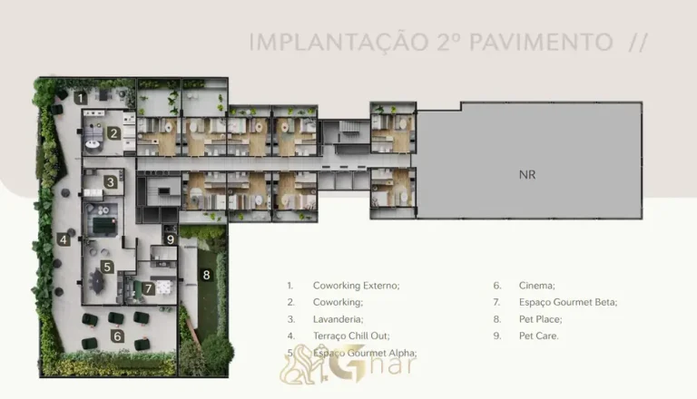 Planta de implantação do 2º pavimento do condomínio Maison no bairro da Vila Olímpia, São Paulo