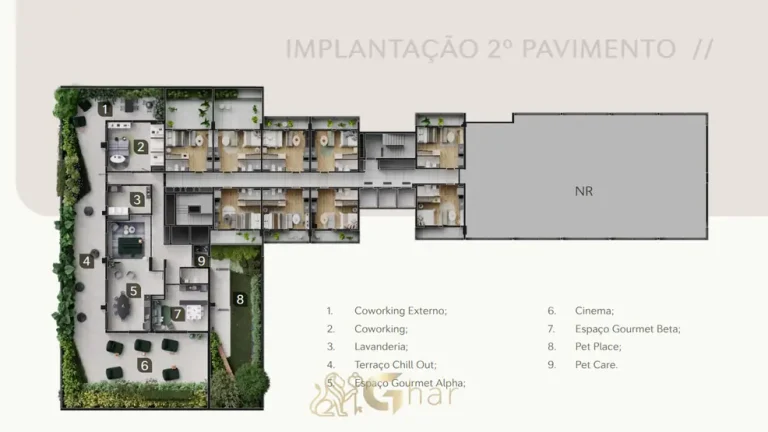 Planta de implantação do 2º pavimento do condomínio Zenion no bairro da Vila Olímpia, São Paulo