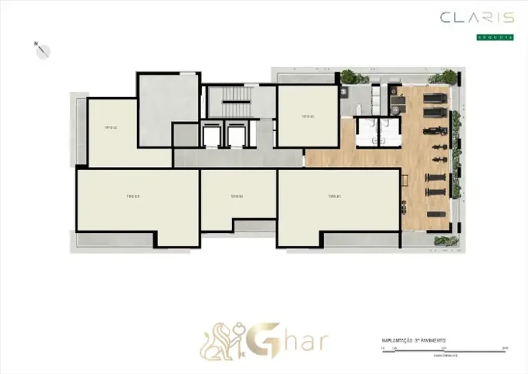 Planta de implantação do 3º pavimento em condomínio residencial no bairro de Moema, na Zona Sul de São Paulo