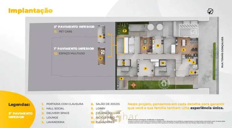 Planta de implantação dos pavimentos inferiores em condomínio residencial no bairro do Butantã, na Zona Oeste de São Paulo