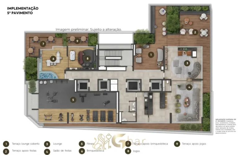 Planta de implantação do 5º pavimento em condomínio residencial no bairro da Vila Nova Conceição, na Zona Sul de São Paulo