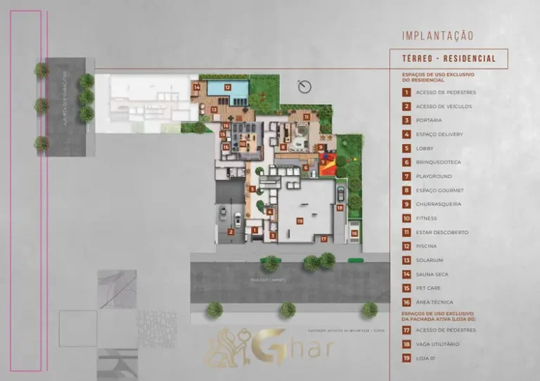 Planta de implantação da área de lazer em apartamentos no bairro de Moema, São Paulo