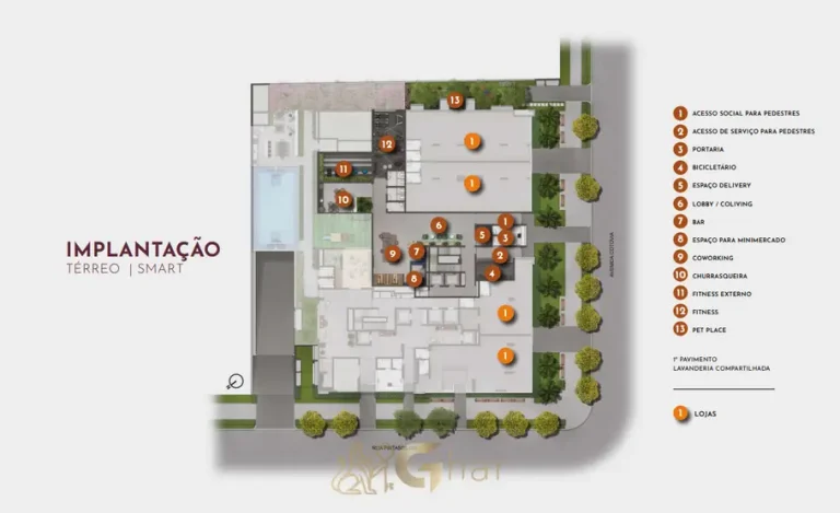 Planta de implantação do pavimento de lazer em apartamentos no bairro de Moema, São Paulo