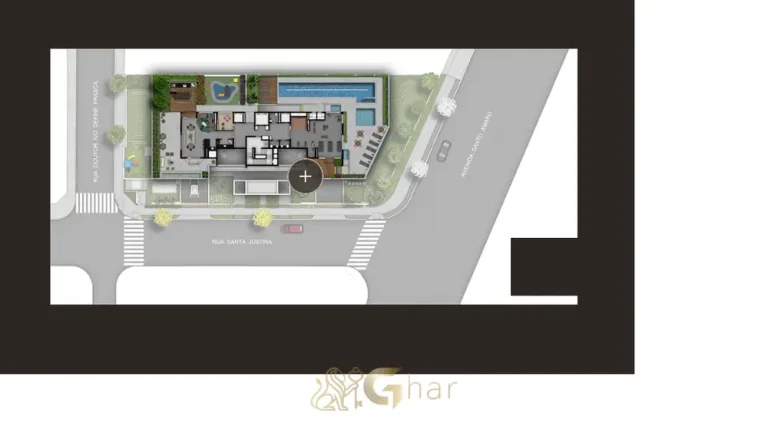 Planta de implantação da área de lazer em apartamentos no bairro da Vila Nova Conceição, São Paulo
