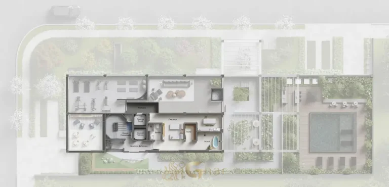 Planta de implantação do mezanino do condomínio Un Limited Homes no bairro da Vila Olímpia, São Paulo