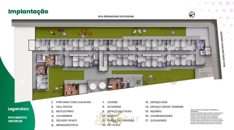 Planta de implantação do pavimento inferior do condomínio Metrocasa Estação Giovanni Gronchi no bairro da Vila das Belezas, São Paulo