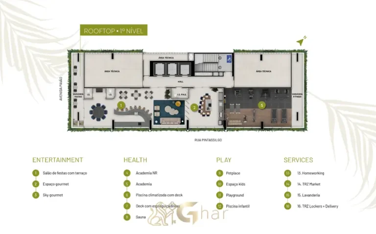 Planta de implantação do rooftop – 1º nível em apartamentos no bairro de Moema, São Paulo