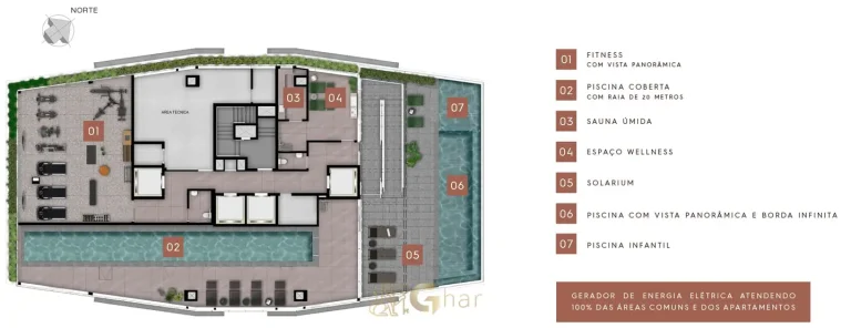 Planta de implantação do rooftop do condomínio Monogram Moema no bairro de Moema, São Paulo