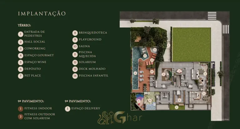 Planta de implantação do térreo do condomínio Aiká Moema no bairro de Moema, São Paulo