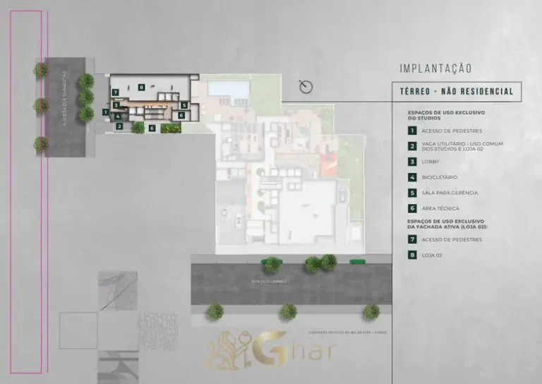 Planta de implantação do térreo em condomínio residencial no bairro de Moema, na Zona Sul de São Paulo