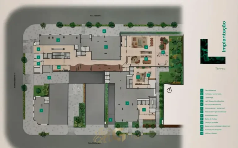 Planta de implantação do térreo em apartamentos no bairro de Moema, São Paulo
