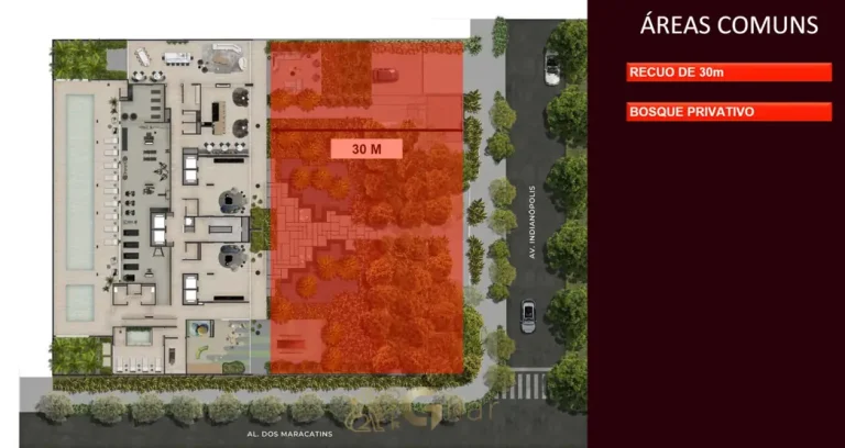 Planta de implantação do térreo em apartamentos no bairro de Moema, São Paulo