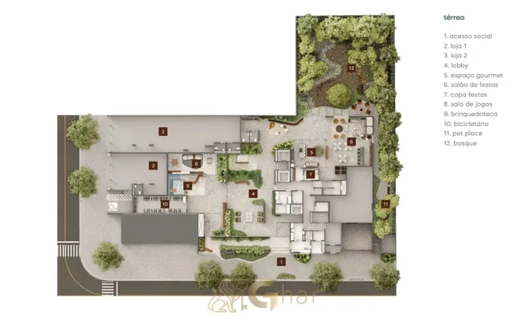 Planta de implantação do térreo em apartamentos no bairro de Moema, São Paulo