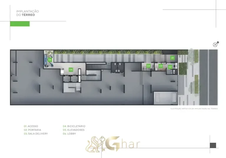 Planta de implantação do térreo do condomínio Grafik Moema no bairro de Moema, São Paulo
