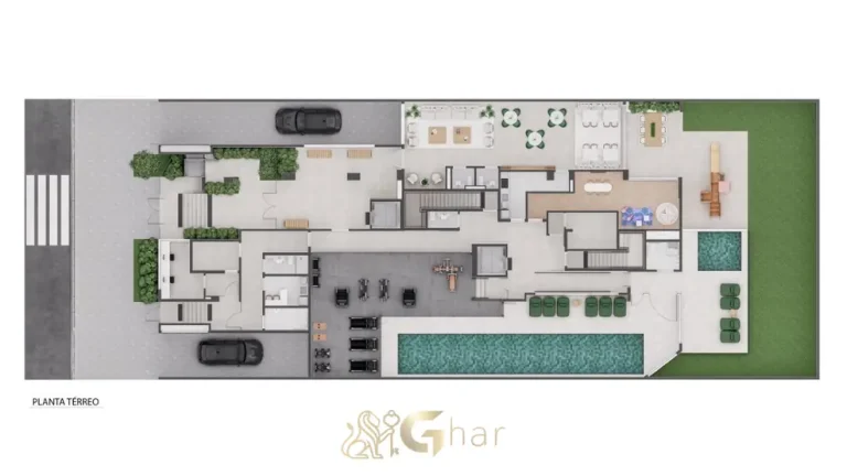 Planta de implantação do térreo em apartamentos no bairro de Moema, São Paulo