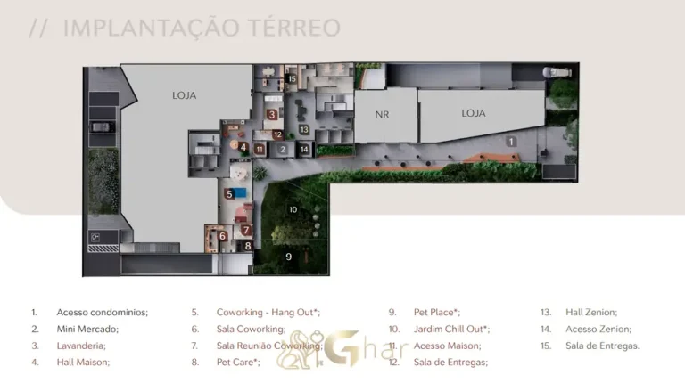 Planta de implantação do térreo em condomínio residencial no bairro da Vila Olímpia, na Zona Sul de São Paulo