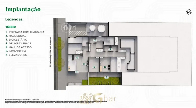 Planta de implantação do térreo do condomínio Metrocasa Alto do Ipiranga no bairro do Alto do Ipiranga, São Paulo