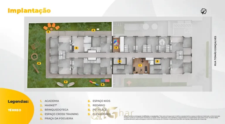 Planta de implantação do térreo do condomínio Metrocasa Butantã no bairro do Butantã, São Paulo