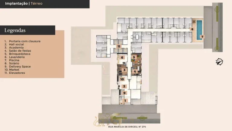 Planta de implantação do térreo em apartamentos no bairro do Campo Belo, São Paulo