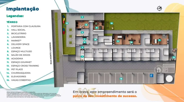 Planta de implantação do térreo do condomínio Metrocasa Cidade Universitária no bairro do Butantã, São Paulo