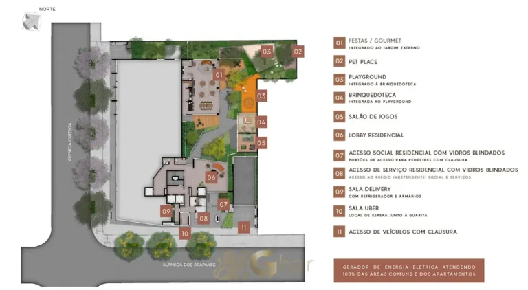 Planta de implantação do térreo em condomínio residencial no bairro de Moema, na Zona Sul de São Paulo
