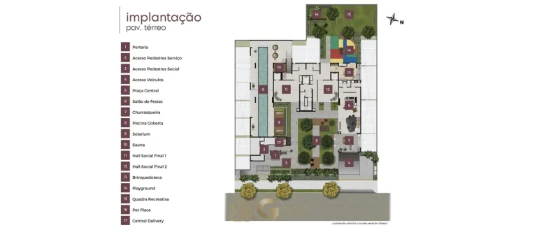 Planta de implantação do térreo em condomínio residencial no bairro de Moema, na Zona Sul de São Paulo