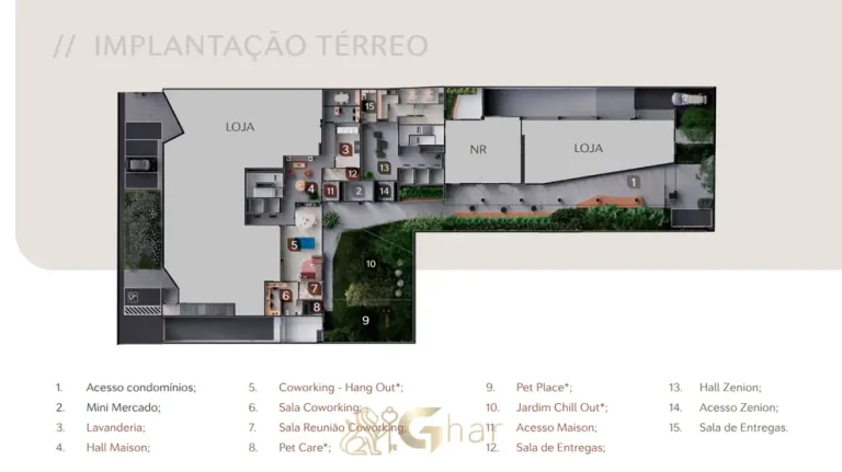 Planta de implantação do térreo em condomínio residencial no bairro da Vila Olímpia, na Zona Sul de São Paulo
