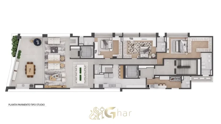 Planta da tipologia do apartamento em apartamentos no bairro de Moema, São Paulo