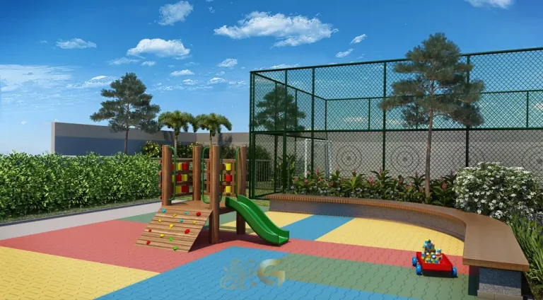 Playground cercado por paisagismo em apartamentos no bairro de Moema, São Paulo
